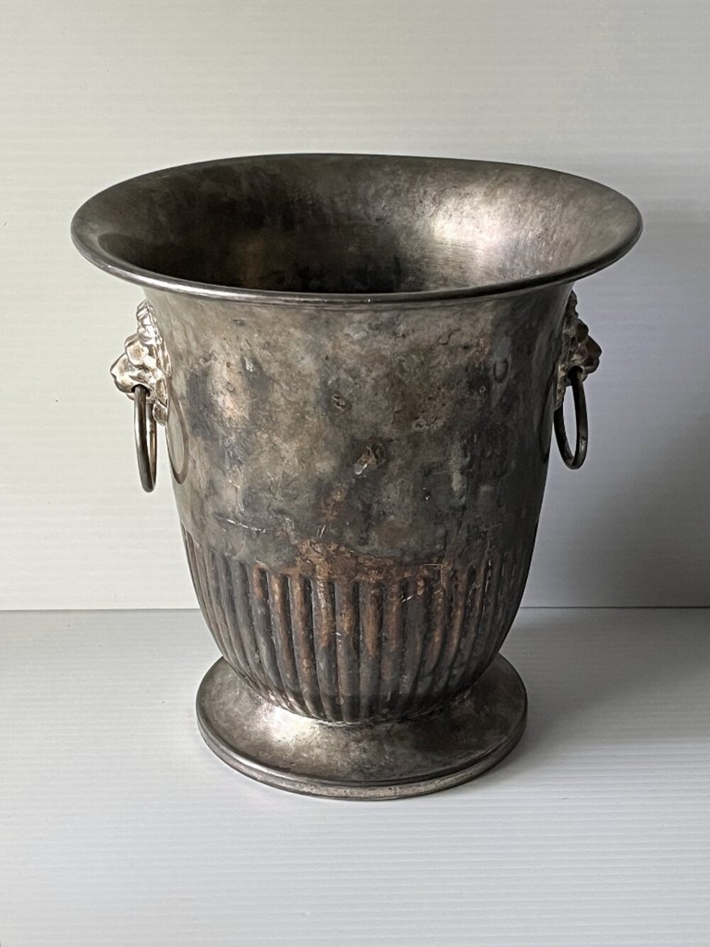 Vintage Elegance Silver Plated on Brass Champagne Bucket Lion Head Handles 9.25"